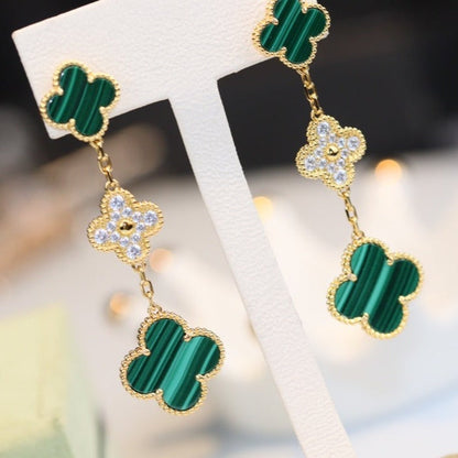 [Radiant Gem]¯CLOVER EARRINGS GOLD MALACHITE DIAMOND 3 MOTIF