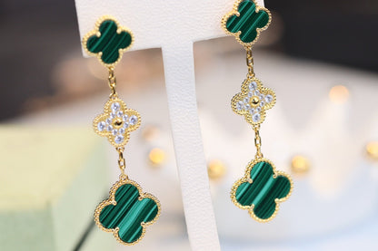 [Radiant Gem]¯CLOVER EARRINGS GOLD MALACHITE DIAMOND 3 MOTIF