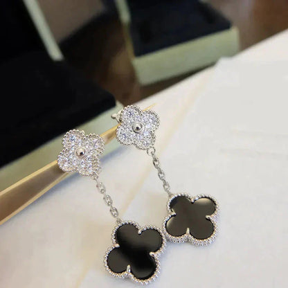 [Radiant Gem]¯CLOVER 2 MOTIFS  DIAMOND ONYX EARRINGS SILVER