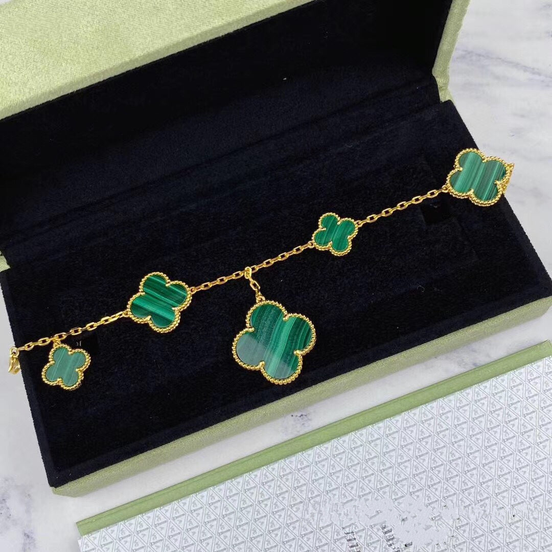 [Radiant Gem]¯MAGIC CLOVER MALACHITE GOLD BRACELET 5 MOTIFS