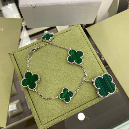 [Radiant Gem]¯CLOVER 5 MOTIFS SIVLER MALACHITE BRACELET