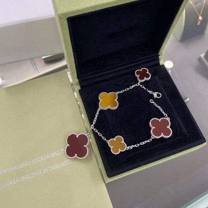 [Radiant Gem]¯CLOVER 5 MOTIFS SIVLER CARNELIAN TIGER EYE BRACELET