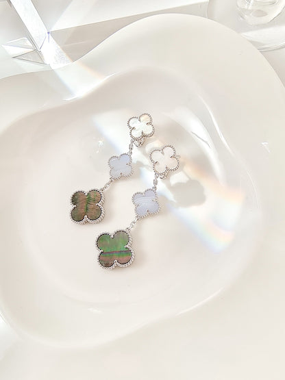 [Radiant Gem]¯CLOVER 3 MOTIFS CHALCEDONY DARK MOP SILVER EARRINGS