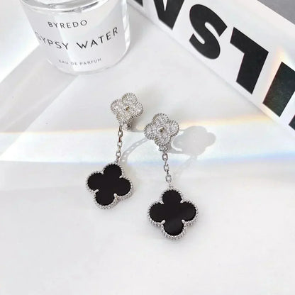 [Radiant Gem]¯CLOVER 2 MOTIFS  DIAMOND ONYX EARRINGS SILVER