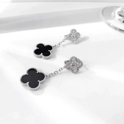 [Radiant Gem]¯CLOVER 2 MOTIFS  DIAMOND ONYX EARRINGS SILVER