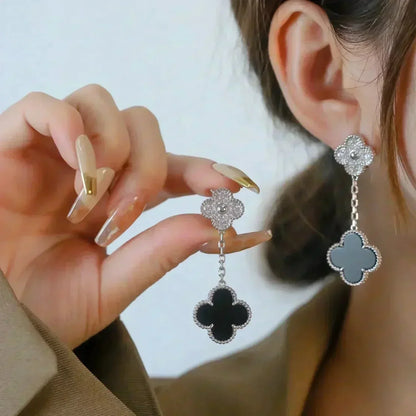 [Radiant Gem]¯CLOVER 2 MOTIFS  DIAMOND ONYX EARRINGS SILVER