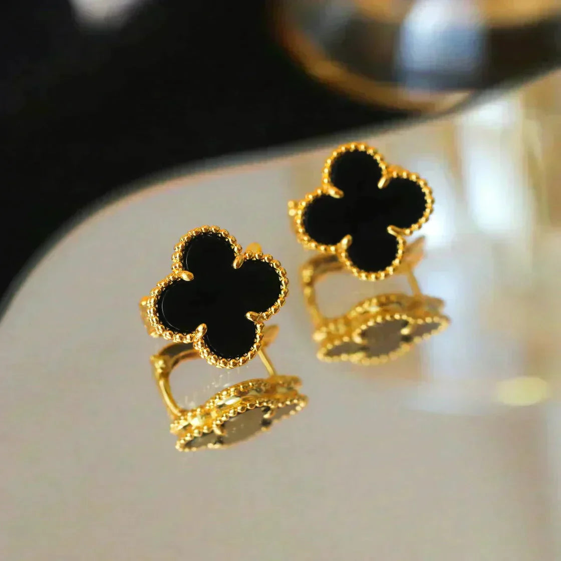 [Radiant Gem]¯CLOVER MEDIUM 1 MOTIFS  ONYX STUD EARRINGS