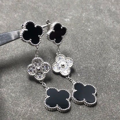 [Radiant Gem]¯CLOVER 3 MOTIF DIAMOND ONYX SILVER EARRINGS