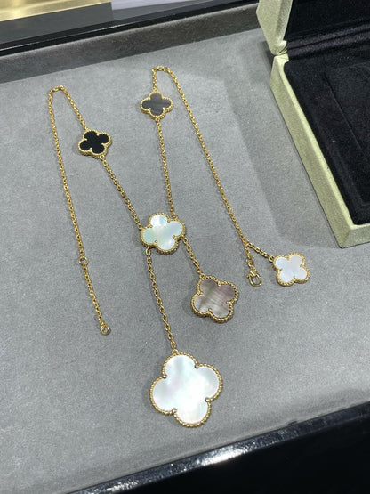 [Radiant Gem]¯CLOVER 6 MOTIF MOP ONYX GOLD NECKLACE
