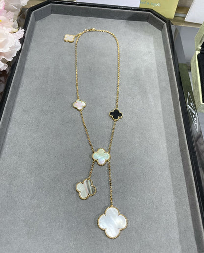 [Radiant Gem]¯CLOVER 6 MOTIF MOP ONYX GOLD NECKLACE