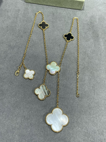 [Radiant Gem]¯CLOVER 6 MOTIF MOP ONYX GOLD NECKLACE