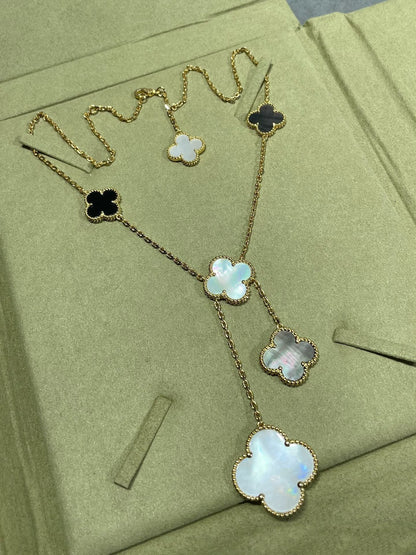 [Radiant Gem]¯CLOVER 6 MOTIF MOP ONYX GOLD NECKLACE