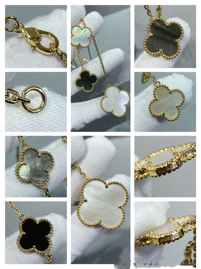 [Radiant Gem]¯CLOVER 6 MOTIF MOP ONYX GOLD NECKLACE