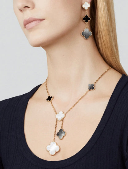 [Radiant Gem]¯CLOVER 3 MOTIF MOP ONYX DARK MOP PINK GOLD EARRINGS