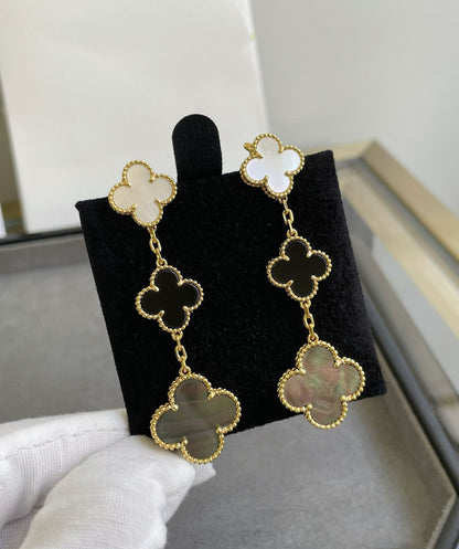 [Radiant Gem]¯CLOVER 3 MOTIF MOP ONYX DARK MOP PINK GOLD EARRINGS