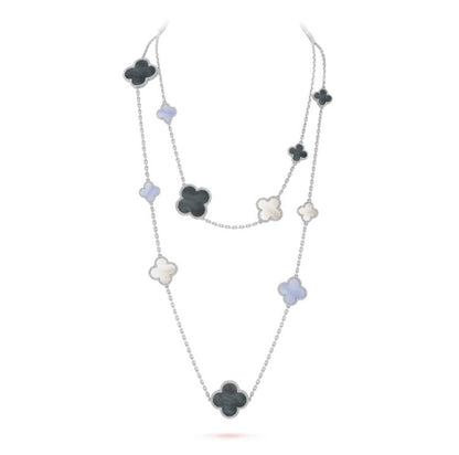 [Radiant Gem]¯CLOVER 16 MOTIF CHALCEDONY MOP SILVER NECKLACE