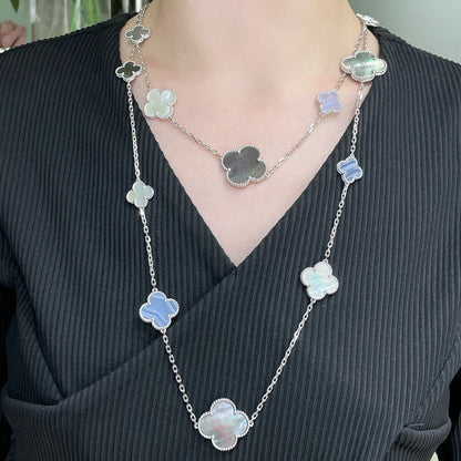 [Radiant Gem]¯CLOVER 16 MOTIF CHALCEDONY MOP SILVER NECKLACE