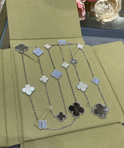 [Radiant Gem]¯CLOVER 16 MOTIF CHALCEDONY MOP SILVER NECKLACE