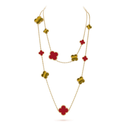 [Radiant Gem]¯CLOVER 16 MOTIF CARNELIAN TIGER EYE ROSE GOLD NECKLACE
