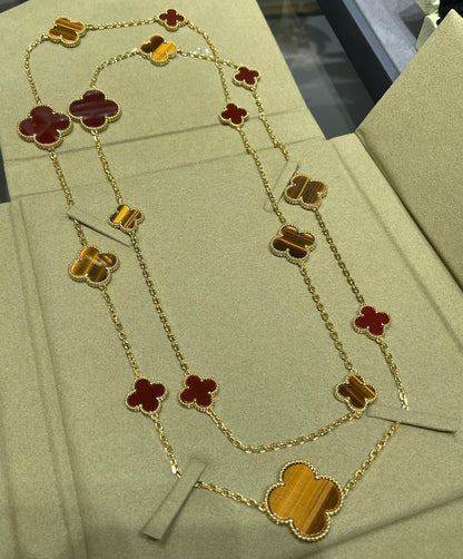 [Radiant Gem]¯CLOVER 16 MOTIF CARNELIAN TIGER EYE ROSE GOLD NECKLACE