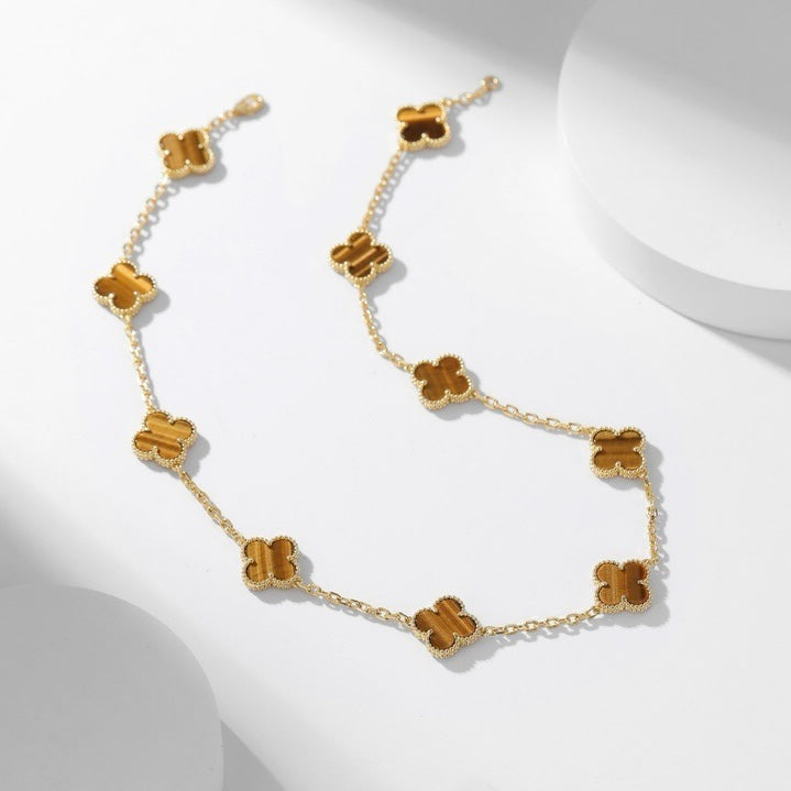 [Radiant Gem]¯CLOVER 10 MOTIFS TIGER EYE NECKLACE