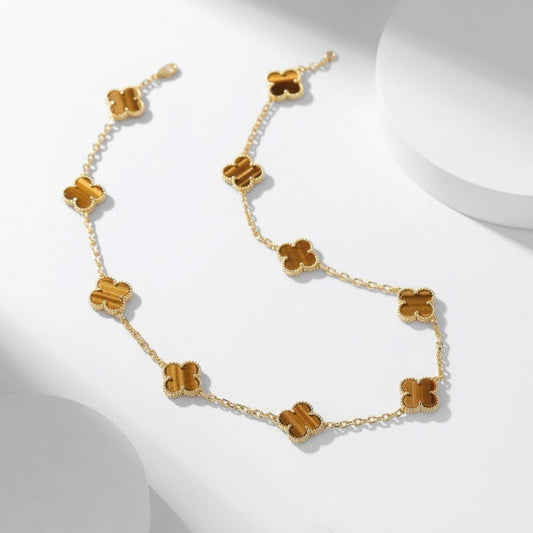 [Radiant Gem]¯CLOVER 10 MOTIFS TIGER EYE NECKLACE