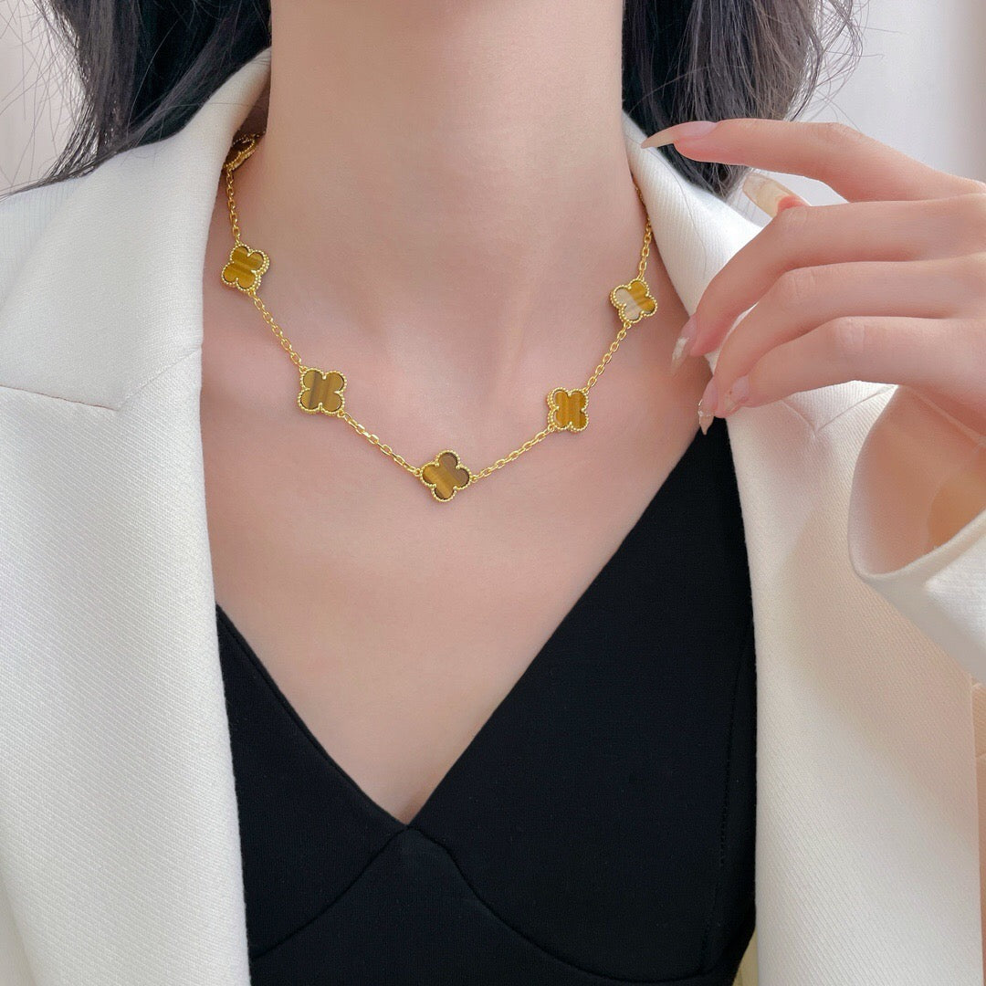[Radiant Gem]¯CLOVER 10 MOTIFS TIGER EYE NECKLACE