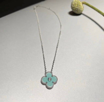 [Radiant Gem]¯CLOVER 1 DIAMOND LIGHT BLUE SILVER NECKLACE
