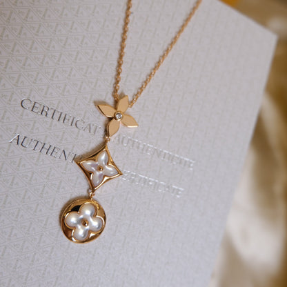 [Radiant Gem]¯COLOR BLOSSOM LARIAT NECKLACE PINK GOLD WHITE MOTHER PEARL AND DIAMOND