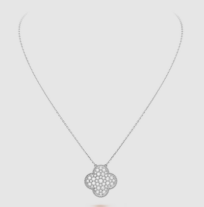 [Radiant Gem]¯CLOVER 25MM LARGE PENDANT DIAMOND PAVED SILVER NECKLACE