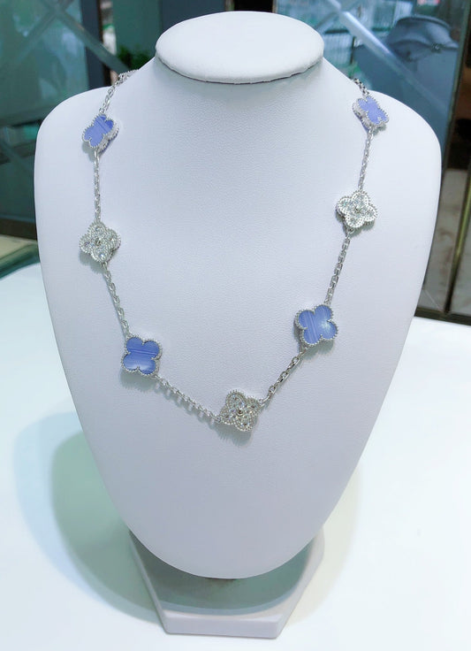[Radiant Gem]¯CLOVER 10 MOTIFS CHALCEDONY DIAMONDS SILVER NECKLACE